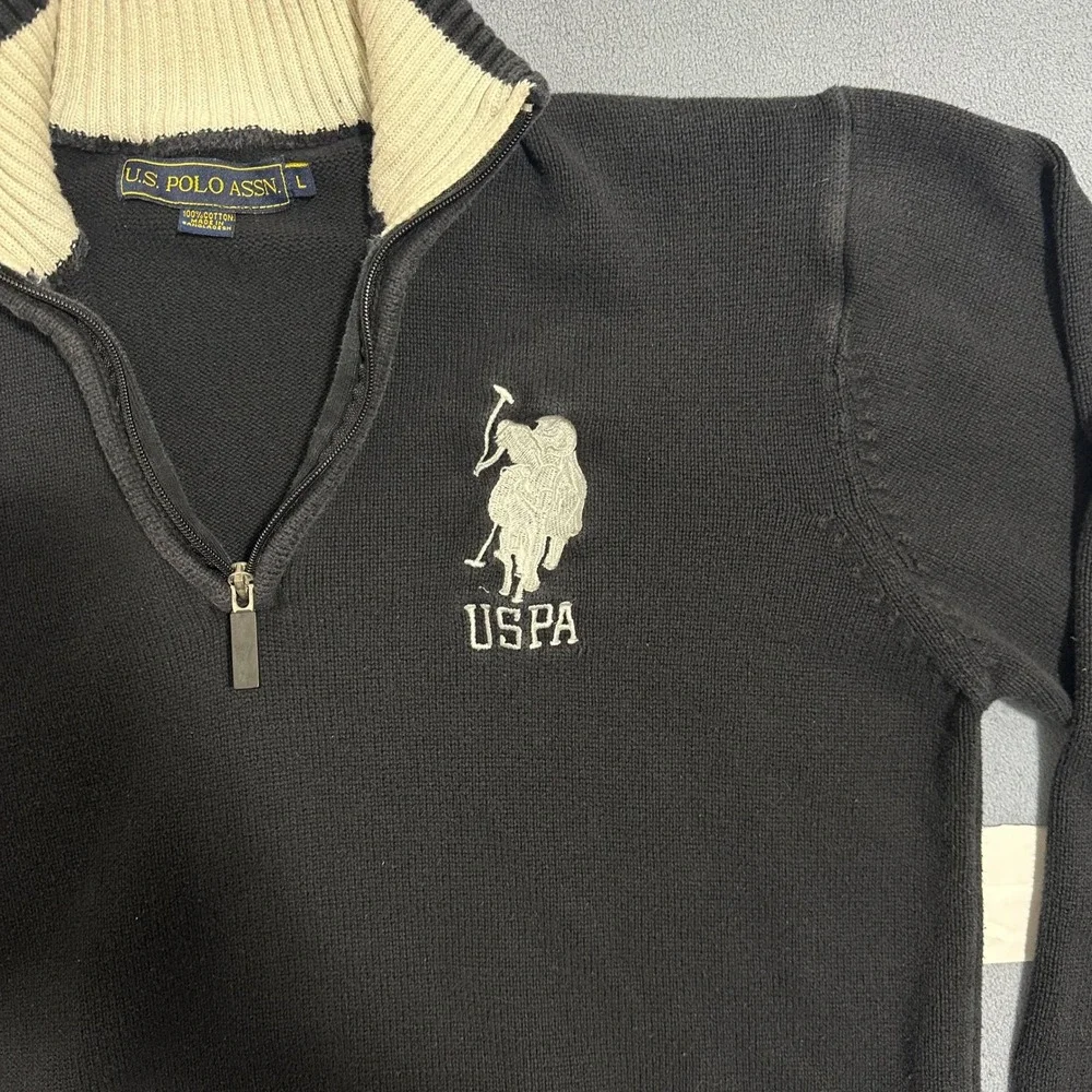 US Polo Assn 1/4 Zip Pullover Sweater Long Sleeves Cotton Black‎ Mens Size Large